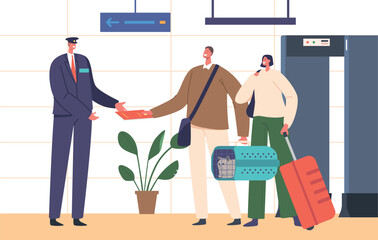 Border Crossing With Cat. Travelers Cautiously Navigate Customs, Ensuring Pet Documentation Is In Order