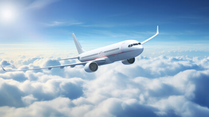 Fototapeta na wymiar Passengers commercial airplane flying above clouds