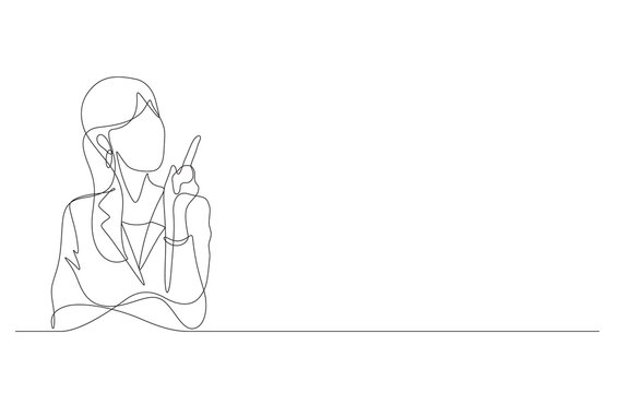 young business woman pointing finger up having an idea continuous line drawing