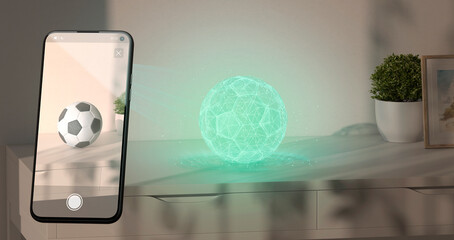 Projection soccer ball hologram on table phone display augmented reality