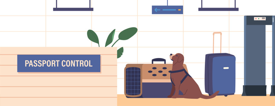 Passport Control Interior With Crossing Borders With Luggage And A Dog Waiting For Transportation, Vector Illustration