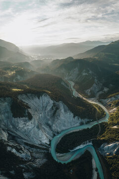 Aerial drone view a canyon filled by a glacier river called Rheinschlucht, Flims, Graubunden, Switzerland.