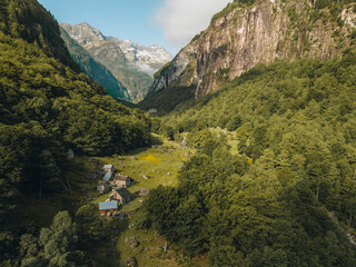 Aerial drone view of the small village above the Foroglio waterfall in Valmaggia, Maggia, Switzerland.