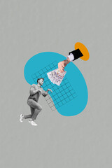 Vertical picture illustration metaphor collage of young funny zombie guy workaholic reduced money...