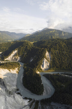Aerial drone view a canyon filled by a glacier river called Rheinschlucht, Flims, Graubunden, Switzerland.