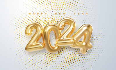 Happy New 2024 Year. Holiday vector illustration of golden metallic numbers 2024 and sparkling glitter pattern. Realistic 3d sign. Festive poster or banner design