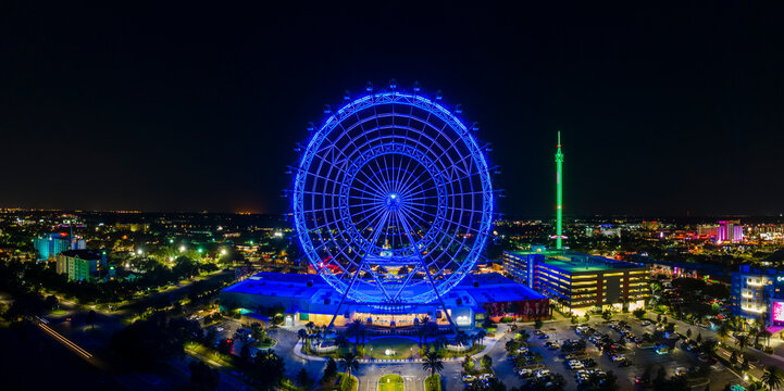 Panoramic aerial View of the Wheel at Icon Park at night in Orlando, Florida, United States.