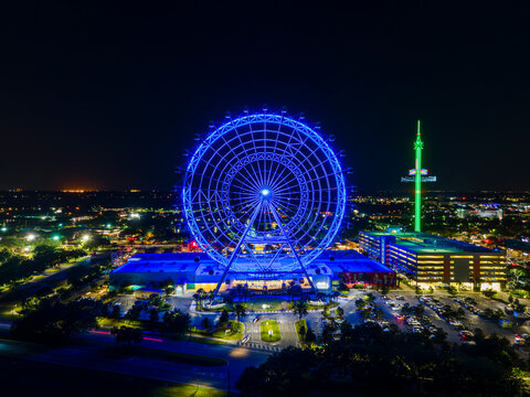 Aerial View of the Wheel at Icon Park at night in Orlando, Florida, United States.