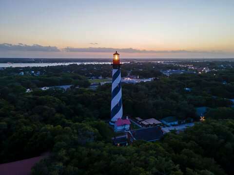 Aerial View of the St Augustine Lighthouse right after sunset in St Augustine, Florida, United States.