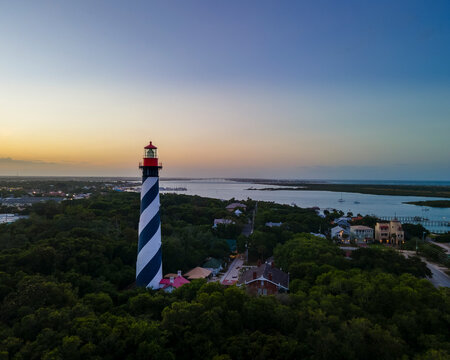 Aerial View of the St Augustine Lighthouse right after sunset in St Augustine, Florida, United States.