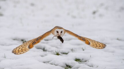 Barn owl in flight holding a mouse in its beak against a backdrop of a snowy winter landscape.