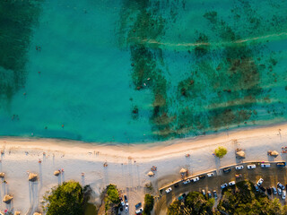 Aerial view of Arashi Beach at sunset in Aruba.