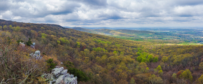 Panoramic aerial view of the Annapolis Rock Overlook along the Appalachian Trail in Frederick County, Maryland, United States.