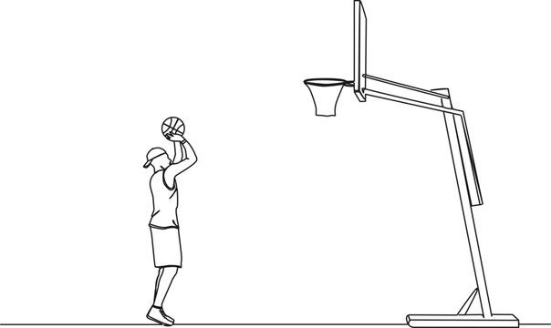 continuous single line drawing of basketball player shooting ball at hoop, line art vector illustration