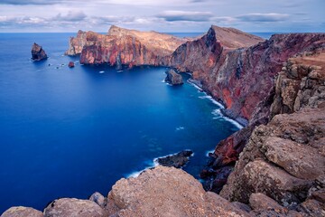 Aerial view of beautiful Ponta de Sao Lourenco under the blue sky on a sunny day, Madeira