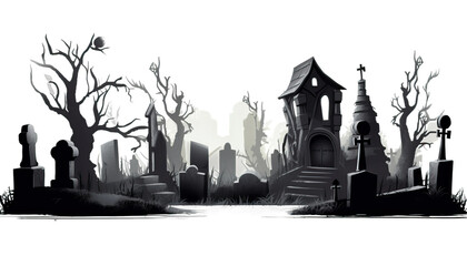 Naklejka premium Creepy graveyard with tombstones and eerie lighting, a haunted setting,Halloween graveyard, haunted cemetery, spooky tombstones, eerie ambiance, Halloween concept