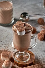 Glass of marshmallow latte with cocoa powder.