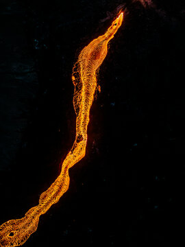 Aerial view of Litli-Hrutur (Little Ram) Volcano during an eruption on Fagradalsfjall volcanic area in southwest Iceland, it's a fissure eruption started on the Reykjanes Peninsula, Iceland.