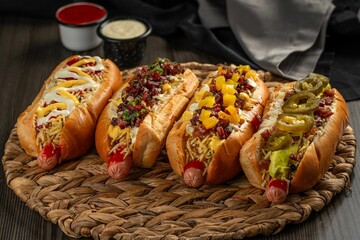 Closeup of a variety of hotdogs with delicious toppings on the table