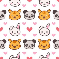 Obraz premium Cute cartoon pandas, tigers, rabbits seamless pattern on white background.
