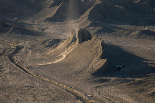 Aerial view of Swing Arm City, a famous place for motorbikes and ATVs, Caineville Mesa, Utah, United States.