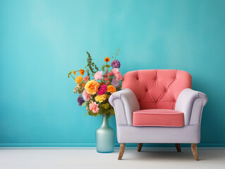 A single seater chair decorated with flowers and placed in front of a pastel colored wall. The atmosphere of the room is bright with light coming from one direction and casting shadows.
