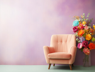 A single seater chair decorated with flowers and placed in front of a pastel colored wall. The atmosphere of the room is bright with light coming from one direction and casting shadows.
