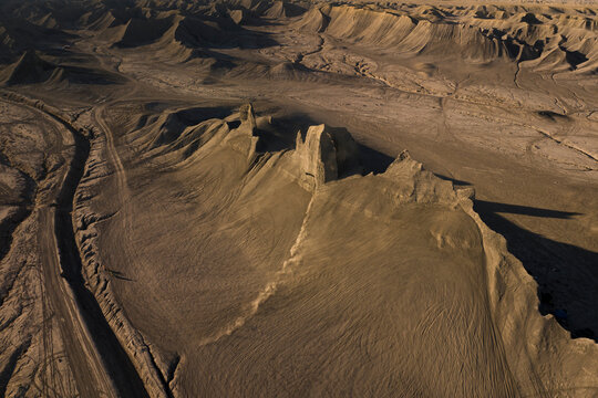 Aerial view of Swing Arm City, a famous place for motorbikes and ATVs, Caineville Mesa, Utah, United States.