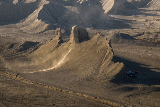 Aerial view of Swing Arm City, a famous place for motorbikes and ATVs, Caineville Mesa, Utah, United States.