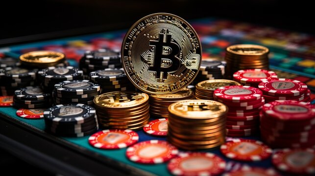 Photo of a stack of colourful poker chips and golden bitcoins on a table created with Generative AI technology