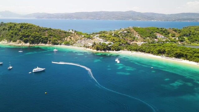 Amazing aerial view of Koukounaries Beach in Skiathos