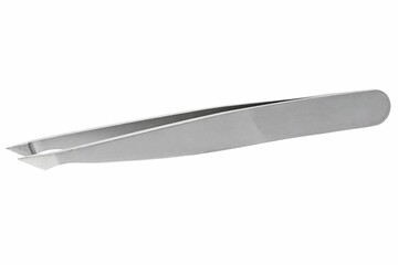Closeup of a silver metal tweezer isolated on white background