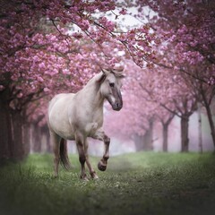 Majestic horse gallops through a peaceful park surrounded by blooming cherry blossoms. © Kathrin Schmädicke/Wirestock Creators
