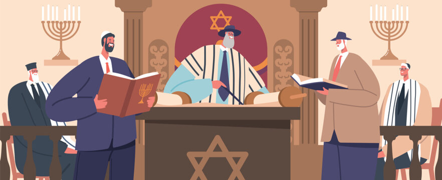 Gathered In A Synagogue, Worshippers Engage In Prayers, Readings, And Rituals Under The Guidance Of A Rabbi