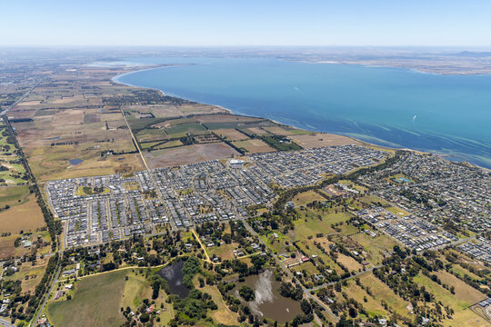 Aerial view of Clifton Springs, a small residential district of houses along Port Phillip Bay, Victoria, Australia.