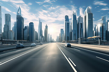Empty highways and urban skylines. AI technology generated image - obrazy, fototapety, plakaty