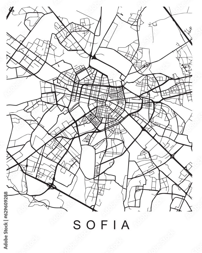 Poster Vector design of the street map of Sofia against a white background