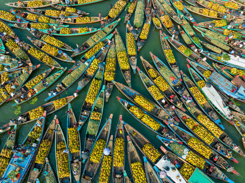 Aerial view of floating market of seasonal fruits on the boats in Kaptai Lake, Rangamati, Bangladesh.