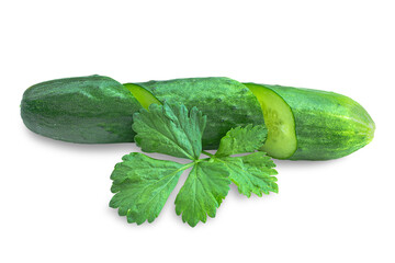 Sliced fresh cucumber with celery leaf isolated on transparent background.