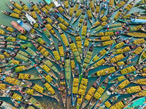 Aerial view of floating market of seasonal fruits on the boats in Kaptai Lake, Rangamati, Bangladesh.