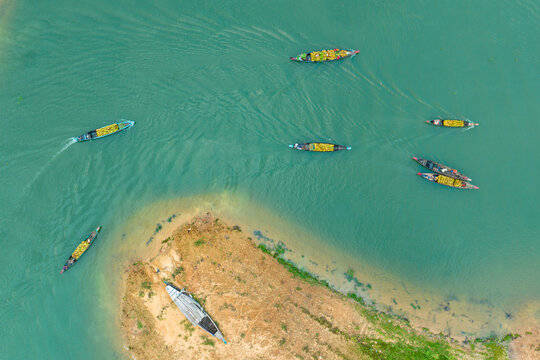 Aerial view of fruits on the boat in Kaptai Lake, Rangamati, Bangladesh.