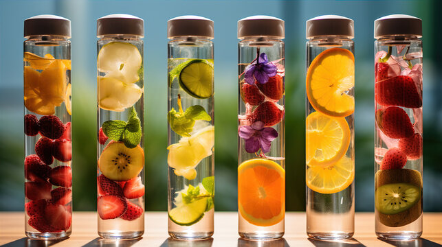 a fruit infuser water bottle, filled with colorful slices of fruits and herbs. The advertisement encourages a healthy lifestyle by showcasing the bottle's ability to add natural flavors to hydration