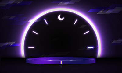 3D Rendered Neon Podium with Glowing Clock on background with 12 Midnight as Crescent Moon Icon. 3D Cyber Platform studio backdrop template. Vector Illustration. EPS 10.