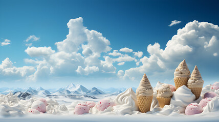 Obraz na płótnie Canvas Flavours delicious ice creams many of milk and strawberries in a cone. and ice crystals on the sky and clouds mountain ice, snow creative background Sweets to cool down during summer. Generative AI.