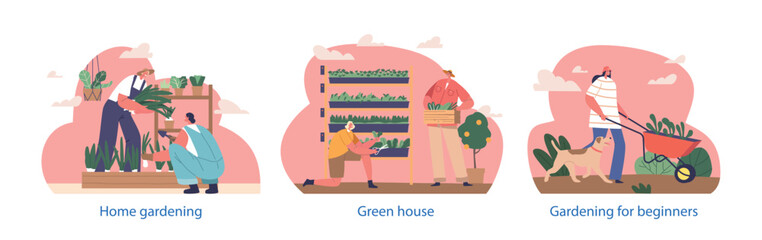 Isolated Elements With Gardener Characters Caring For Greens In Greenhouse, People Nurture Plants, Cartoon Vector Icons