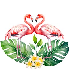 Flamingo couple, frangipani flowers, tropical leaves isolated background