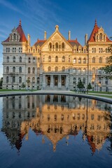 New York state capitol in Albany reflected in water at sunset