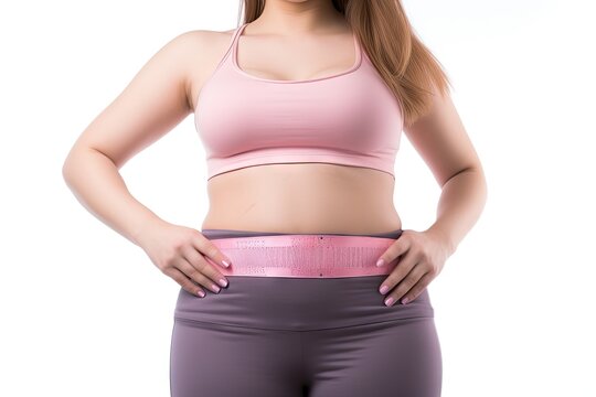 Fat female fitness. Transforming body, health and lifestyle through weight loss, exercise and healthy living in sportswear on  white background