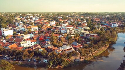 Drone shot of city of Siem Reap, Cambodia.