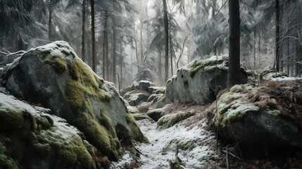 Fototapeta premium Enchanting Winter Wilderness: Landscape Forest with Pine Trees and Moss on Rock - Captivating Stock Image for Sale